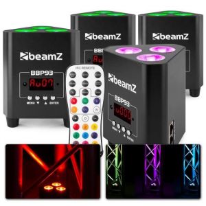 Beamz Bbp93 lot de 4 projecteurs uplights par led rgbw 3 x 10w - mode dmx et auto, 7h d'autonomie, fonction maître/esclave