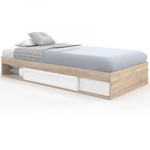 Idmarket Cadre de lit simple salem avec rangement et sommier 90 x 190 cm façon hêtre et blanc