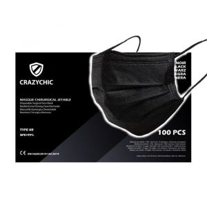 CRAZYCHIC - x100 Masque Chirurgical M&eacute;dical NOIR Type IIR - Certifi&eacute; CE Norme EN14683 - Masque Jetable 3 Plis Protection Respiratoire - Haute Filtration EFB>99% - Lot de 100 pi&egrave;ces