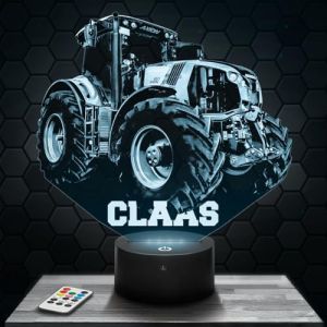 Lampe 3D - Tracteur Claas - Jouet Miniature Cadeau Tracteur Claas - Veilleuse Led Tactile avec socle au choix et t&eacute;l&eacute;commande