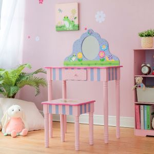 Fantasy Fields Teamson Kids Coiffeuse enfant avec tabouret vrai miroir meuble en bois fille rose TD-13245A
