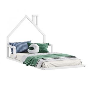Idimex Lit enfant ELOA lit au sol 90x190 cm de type Montessori, tête de lit en forme de maison, en pin massif lasuré blanc