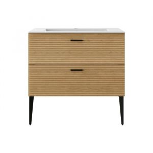 Vente-unique - Meuble de salle de bain strié sur pieds avec vasque à encastrer - 2 tiroirs - Naturel clair - 80 cm - sarone