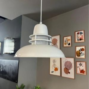 Fener Suspension Industrielle en Métal Blanc Peint à la Main – Lustre Vintage E27 Ø34 cm pour Salon, Chambre ou Salle à Manger