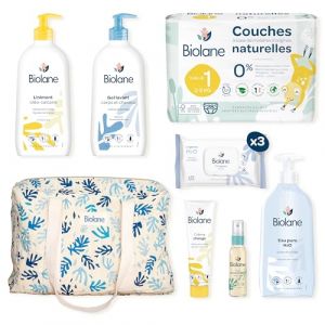 Biolane Coffret Maternité - Kit de Soin Bébé Naissance - Sac à langer & soins pour bébé - Couche, Lingettes H2O