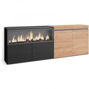 Buffet salon et cuisine, Meuble de Rangement, Commode, 210, 4 Portes, Cheminée électrique xxl, Style moderne, Chêne et noir - Skraut Home