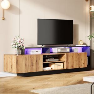 Meuble TV 190 x 40 x 48,5 cm, grande capacit&eacute; de rangement, &eacute;clairage LED, panneaux de particules noir et ch&ecirc;ne