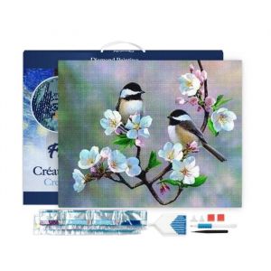 Figured’Art Diamond Painting Broderie Diamant 40x50cm Avec Cadre Toile Tendue Strass Perles Carrés - Petits Oiseaux et Fleurs Blanches - Kit Complet Animaux 5D DIY Activité Manuelle Loisirs Créatifs Adultes