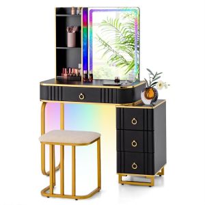 Table de maquillage Coast avec miroir et station de recharge - Inclut un tabouret - Noir - 80 x 40 x 137 cm