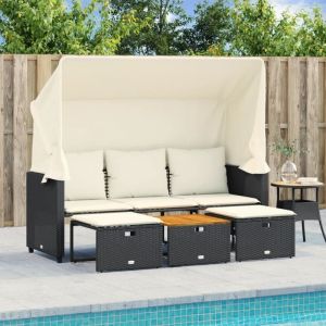 VidaXL Canap&eacute; de jardin 3 places avec auvent et tabourets noir rotin