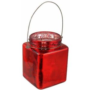 Ruedelafete Photophore Carr&eacute; en verre avec anse m&eacute;tal 10cm, Rouge