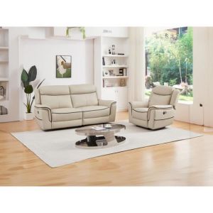 Canapé 3 places et fauteuil relax électrique en cuir beige ADELIO