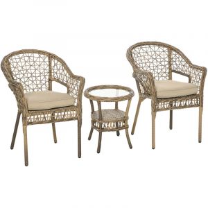 Image de Outsunny Ensemble bistro de jardin style bohème chic 2 fauteuils avec coussins + table basse résine tressée beige