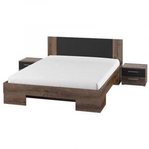 Lit adulte 160x200 - PRICE FACTORY - Collection IRINA - Chêne foncé et noir - Avec tiroirs