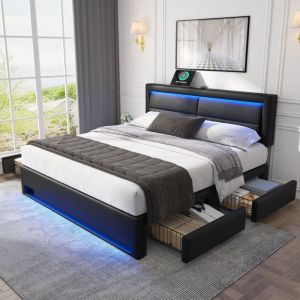 Lit double 140x200 cm en similicuir avec led - 4 tiroirs - avec ports de recharge (filaire & sans fil) - Noir