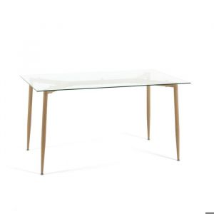 Table rectangulaire 140x80 cm avec plateau en verre et pieds en bois