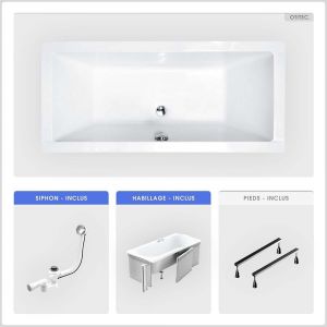 Baignoire rectangulaire - 165 x 75 cm - avec Habillage (4 cm) - Pieds - Vidage Chrome - QUADRO SLIM