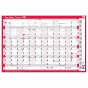 Sasco 2410131 - Calendrier mural annuel vertical avec stylo effacable humide et autocollant Rouge 915 x 610 mm