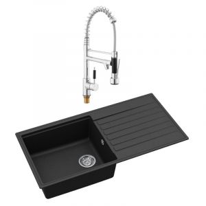 Swiss Aqua Technologies 100x50 cm &eacute;vier avec &eacute;gouttoir r&eacute;versible en granite &agrave; encastrer + mitigeur bras pivotant 2 jets, noir mat (SATSINKGQK103B-S2)