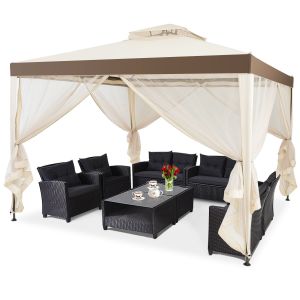 Pavillon de jardin avec 4 parois latérales - 8 piquets métalliques et haubans inclus - 300 x 300 x 265 cm - Beige