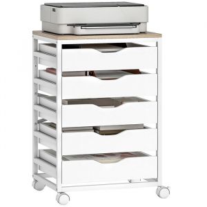 Homcom Caisson bureau mobile - sur roulettes - avec 5 tiroirs poign&eacute;es encoch&eacute;es - bois - 50 x 40 x 745 cm - blanc