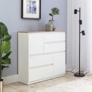 Commode - QIZ - Blanc/Bois - 2 portes battantes - 4 tiroirs