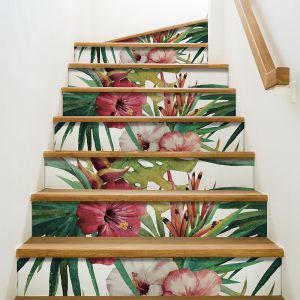 Plage Contremarche adh&eacute;sive autocollante, vairao, ilustration de fleurs exotiques dans un style aquarelle, x3, 20 cm X 100 cm - Multicouleur