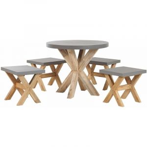 Beliani Set de jardin table ronde et 4 tabourets en fibre-ciment gris et bois OLBIA