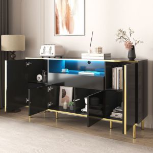 Buffet de cuisine 4 portes et 1 tiroir, meuble de rangement pour salon/chambre avec &eacute;clairage LED, MDF, 150x40x80cm, noir