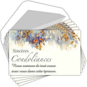 AFIE C5268 Sincères Condoléances Lot 5 Cartes identiques + 5 Enveloppes Blanches Format 9x14cm - Texte Epreuve Décès Obsèques Funérailles Deuil Feuilles - Fabriquées en France
