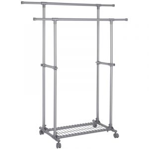 Helloshop26 - Portant double barre porte-vêtements mobile extensible entre 87 à 150 cm avec roulettes et étagère de rangement capacité de charge 70
