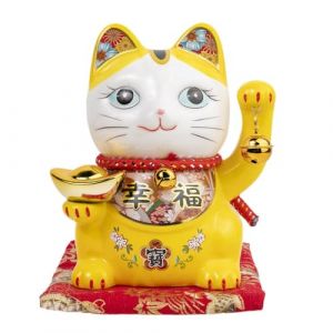 Lachineuse Chat du Bonheur et de la Fortune - Tirelire Chat Nippon - Statuettes Porte-Bonheur Maneki Neko Japonais - Coloris Jaune - Porcelaine - Id&eacute;e D&eacute;co Japon et Asie - Chance, Fortune, Prosp&eacute;rit&eacute;