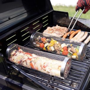Durandal Paniers cylindriques de cuisson pour barbecue Selection-Grillades à 360°-Lot de 2 grilles 30cm en acier inoxydable