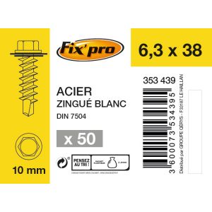 Fix'Pro Vis tête hexagonale autoforeuse + rondelle acier zingué - 6,3x38 - 50pces - Fixpro