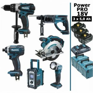 Makita Pack Power pro 6 outils 18V: DDF458 + DTD152 + DHR202 + DSS610 + DMR108 + Lampe + 3 batt 5Ah + 3 Coffrets