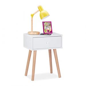 Relaxdays Table de Nuit, scandinave, rétro, Meuble d’appoint avec tiroir, HLP 55x42x30cm, Chambre à Coucher, Blanc, Panneau de Particules, Bois, 1 élément