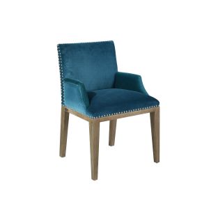 Image de KENZA - Fauteuil de table en velours et en bois clouté bleu canard