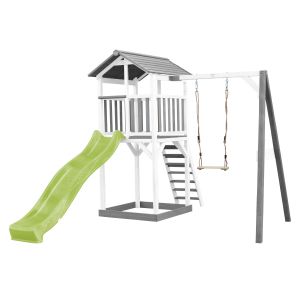 Axi Aire de jeux avec toboggan vert clair, balançoire, bois, blanc/gris