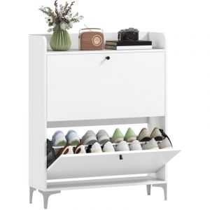 Homcom Meuble &agrave; chaussures - 16 paires - 2 tiroirs rabattables, &eacute;tag&egrave;res r&eacute;glables - panneau de particules - 80x24x101cm - blanc