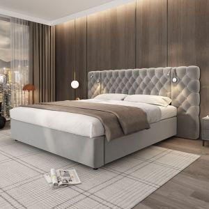 Lit coffre rembourré 180x200 cm en velours - avec lampe de lecture et sommier à lattes - Gris