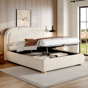 Lit coffre rembourr&eacute; 140x190 cm - Avec rangement sous le lit - T&ecirc;te de lit rembourr&eacute;e - Avec sommier &agrave; lattes - Tissu boucl&eacute; - Beige (matelas non