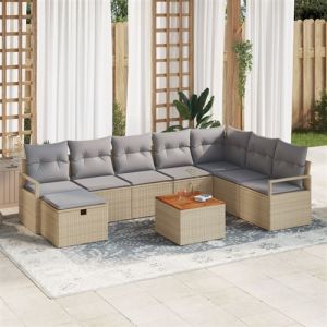 Ensemble de Sofa de Jardin de 9 Pi&egrave;ces avec Coussins Beige Poly Rotin, Sofa de Jardin 2 Places avec Rangement & Coussins Beige