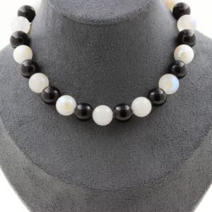Collier perles Pierre de lune 10 mm + Agate noire 10 mm chaîne inox - A Bijoux