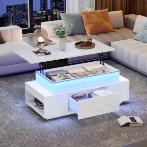 Table basse relevable 96 x 45 x 40 cm - Avec &eacute;clairage LED - Avec 1 tiroir - Finition laqu&eacute;e brillante - Blanc