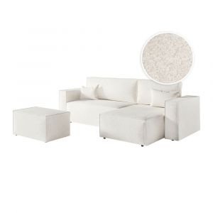 Loungitude PACK - CLARISSE - Canapé d'angle convertible réversible avec pouf en tissu bouclette - Blanc