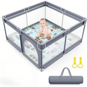 Parc bébé 120 x 120 cm avec sac de rangement, hauteur 65 cm, 50 balles interactives, doubles crochets, filet à quatre côtés, porte zippée pour une