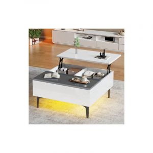 Okwish - Table basse relevable blanche brilante, table de salon avec rangement et &eacute;tag&egrave;res, 70x70x35 cm