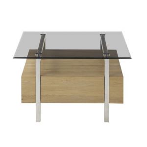 Table basse coloris chene en verre / bois - Longueur 80 x hauteur 45 x profondeur 80 cm -PEGANE-