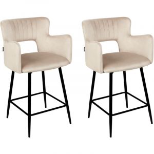 Beliani Lot de 2 Chaises de Bar Moderne Rétro en Velours Pieds en Métal avec Accoudoirs Taupe Sanilac