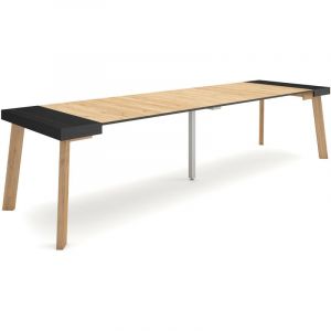 Table console extensible, Console meuble, 300, Pour 14 personnes, Pieds en bois, Style moderne, Noir et chêne - Skraut Home